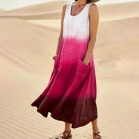 TKing Divat Női nyári alkalmi Boho Egyszínű Laza Sundress zseb Ujjatlan O-nyakú Maxi ruhák Hot Pink 3XL