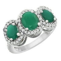 10k fehér arany természetes HQ smaragd 3-kő gyűrű ovális gyémánt akcentussal, méret 6