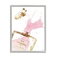 Stupell Industries Glam parfümös üveg Splash Rózsaszín Arany grafika szürke Keretes művészet nyomtatás Wall Art, 24x30