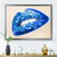 Designart 'Gyönyörű nő ajkak kék virágokkal' modern keretes művészeti nyomtatás